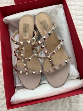 Valentino Nude Rockstud Strappy Flat Mules